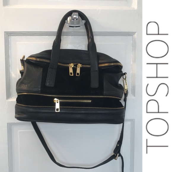 Topshop Handbags - Topshop Leather & Suede Satchel in Black/Gold